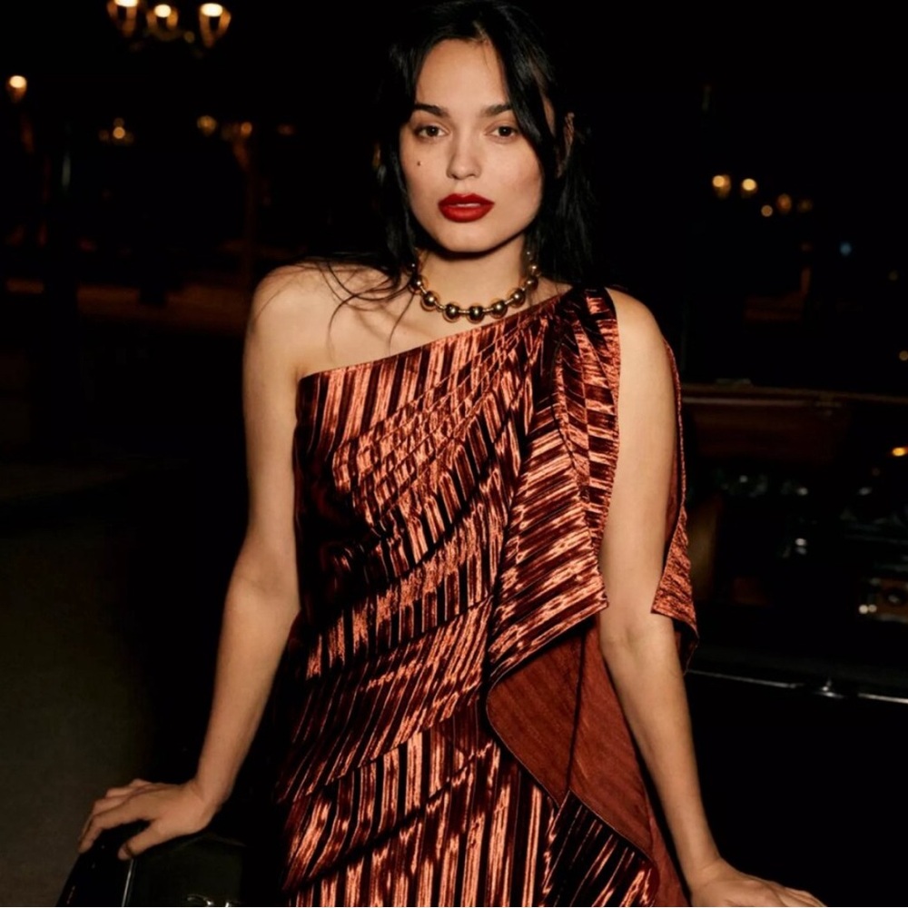 Anthropologie One-Shoulder Pleated Midi Dress in Copper